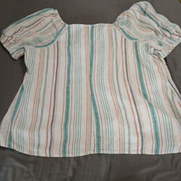Lane Bryant 18 cap-slv fully-line white/aqua/coral vert-stripes linen blnd top - Picture 6 of 11